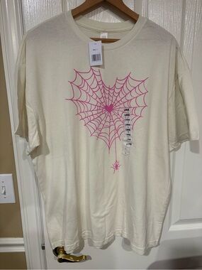 NWT- Cream Short Sleeve Tee with Pink Spiderweb Graphic